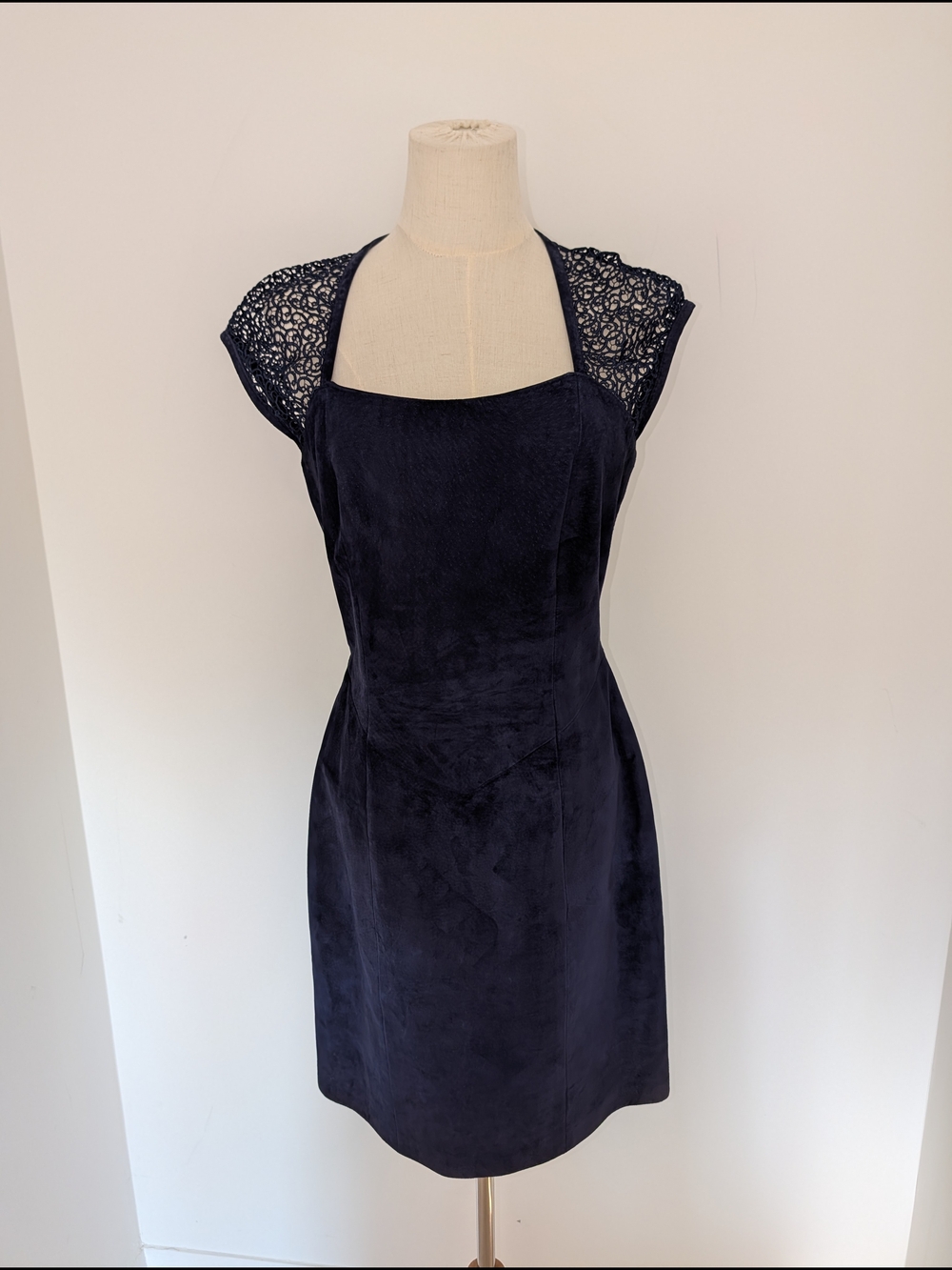 Danier Vintage Navy Suede Lace-Cap Midi Sheath Dress